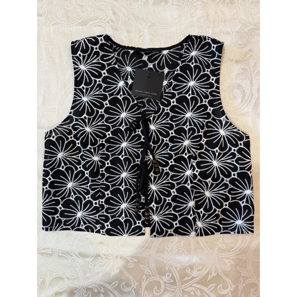 Marc New York Andrew Marc Black White Floral Eyelet Tie Front Beaded Vest Large